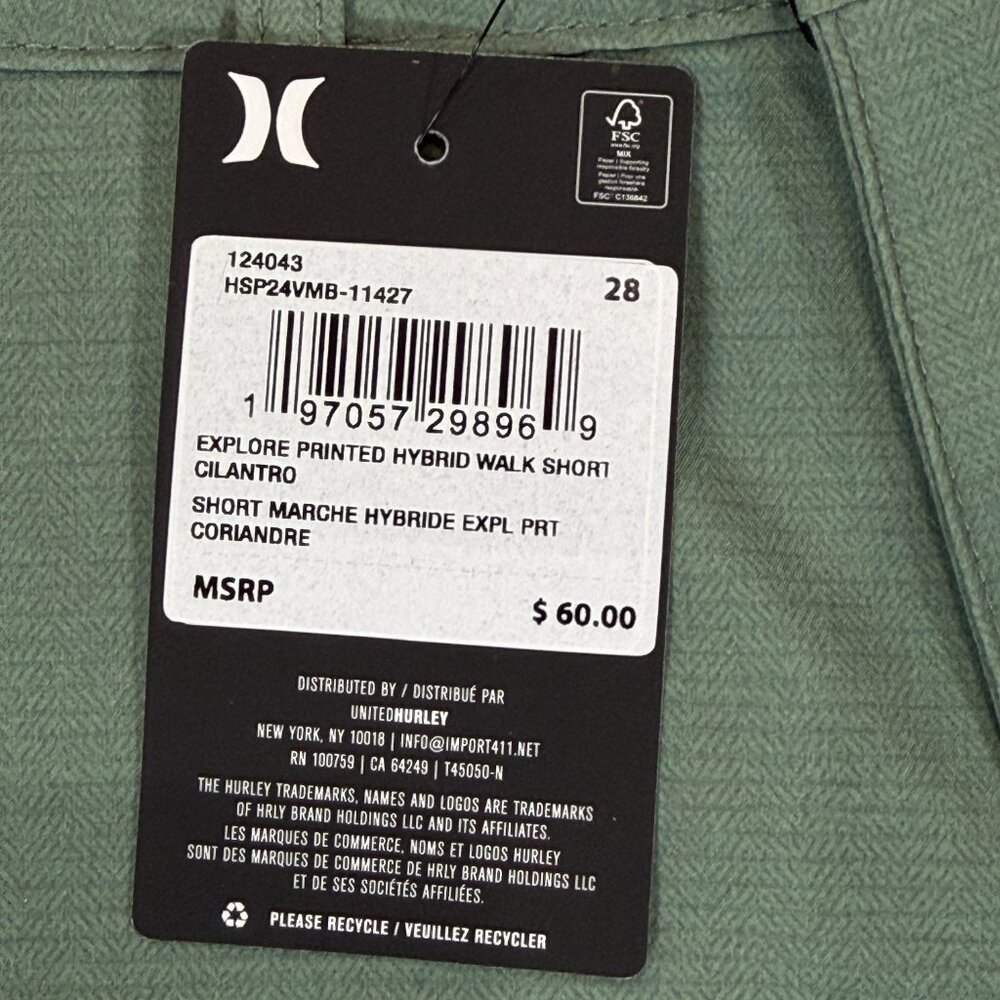 Hurley Men’s Hybrid Walk Shorts 28 Cilantro Green Stretch Water Repellent ATB - Picture 5 of 16